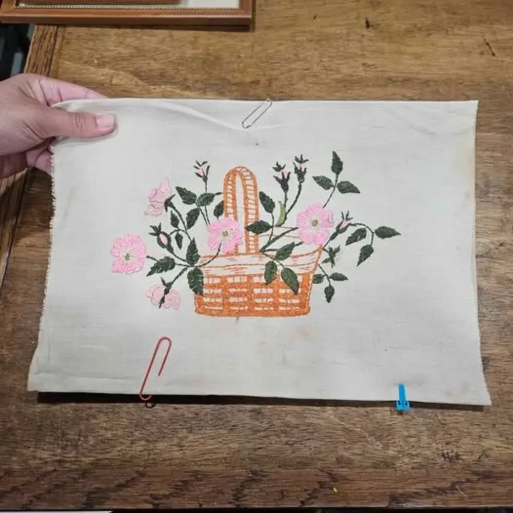 Handmade Embroidered Floral Basket Fabric